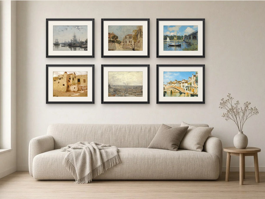 City Walks gallery wall, Black Matte frames, in a living room