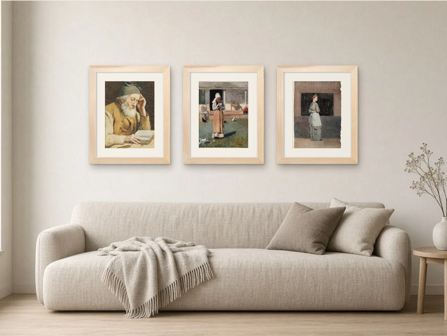 Field & Farm gallery wall, Light Wood frames, in a living room