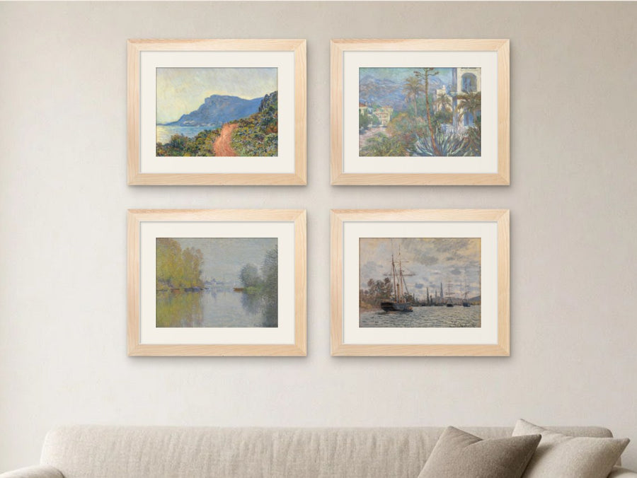 Monet’s Changing Light gallery wall, Light Wood frames, in a living room