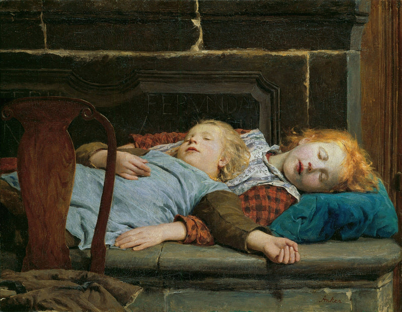 Two sleeping girls on the stove bench by Albert Anker