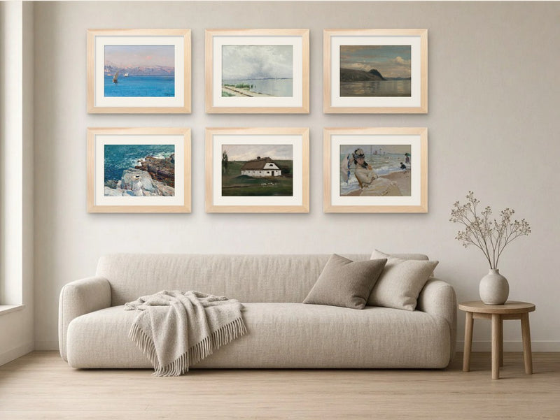 Blue Hour gallery wall, Light Wood frames, in a living room