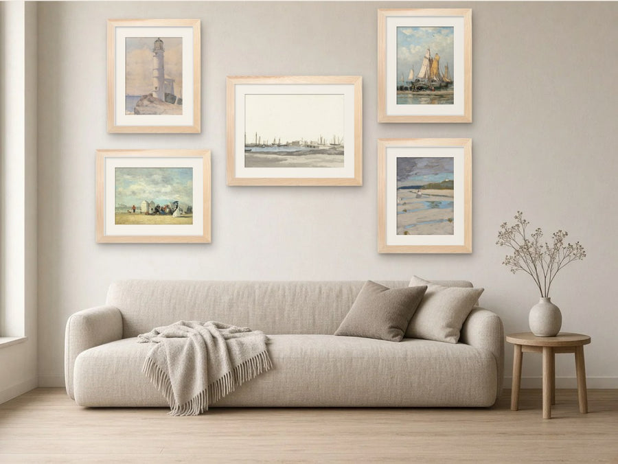 Coastal Calm gallery wall, Light Wood frames, in a living room