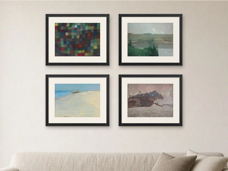 Early Modern Colour gallery wall, Black Matte frames, in a living room