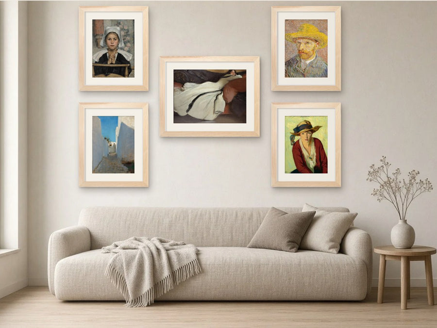 The Portrait Salon gallery wall, Light Wood frames, in a living room