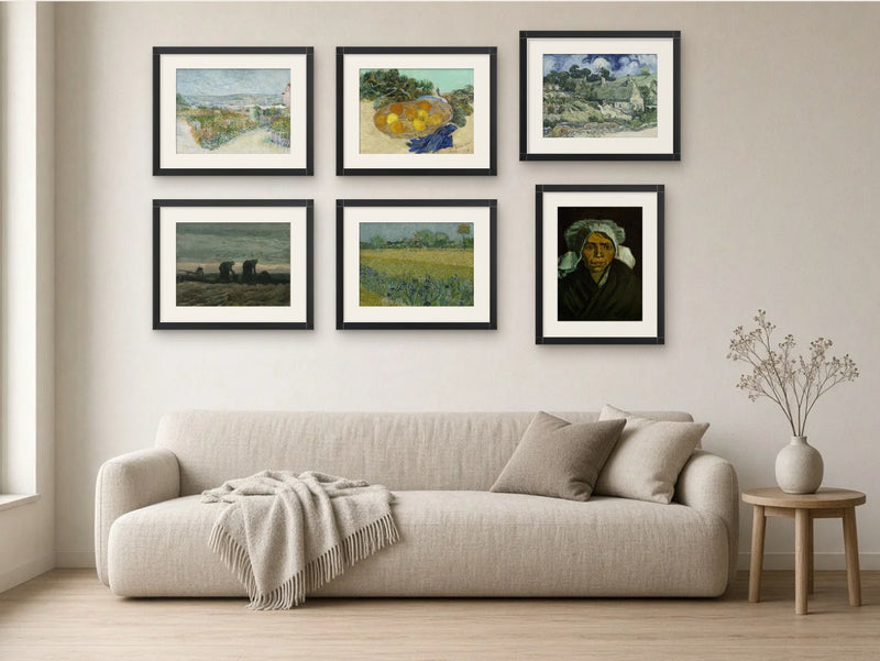 Van Gogh in Colour gallery wall, Black Matte frames, in a living room