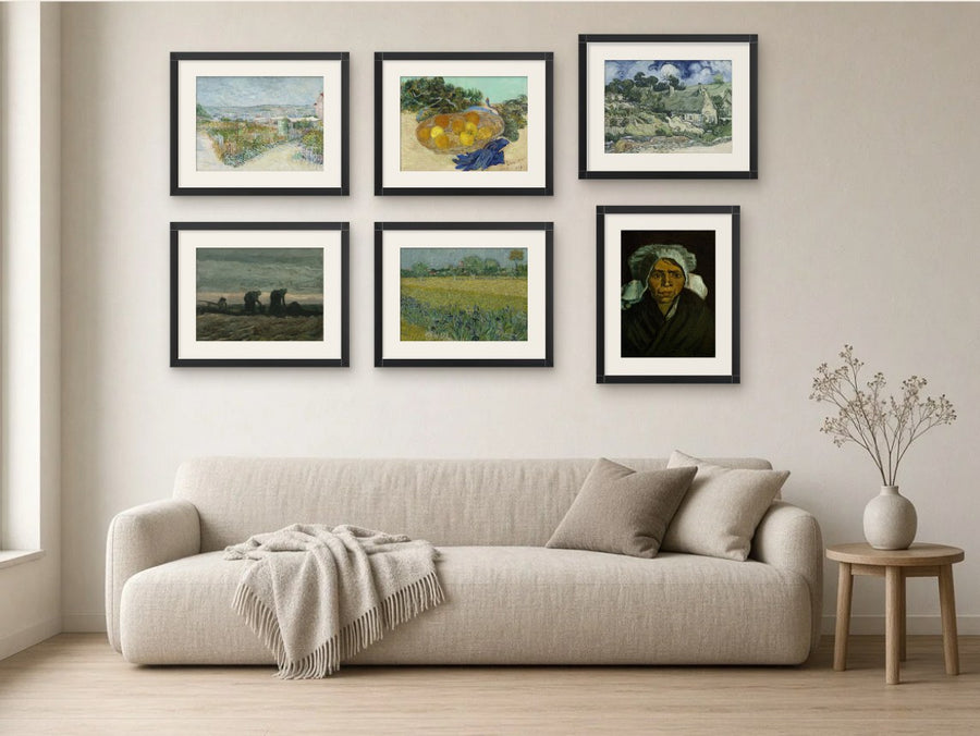 Van Gogh in Colour gallery wall, Black Matte frames, in a living room