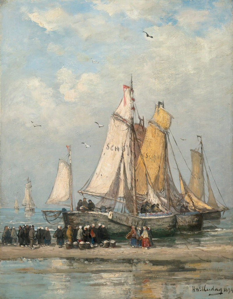 The Return Of The Fishing Fleet On Scheveningen Beach by Hendrik Willem Mesdag